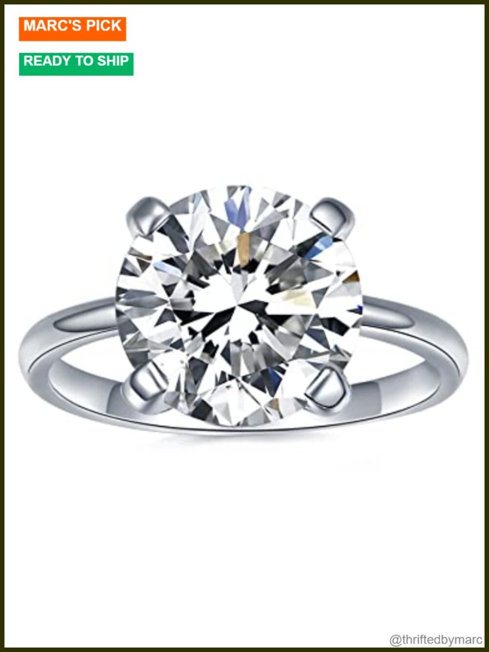 Solitaire Moissanite Engagement Ring Sterling Silver White Gold Plated Size 7.5